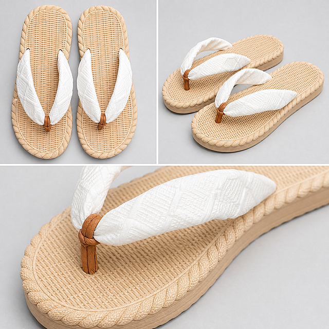 Amazon main image 7 multi-angle collage. Three different views of women's white textured strap flip flops with woven beige sole arranged in a clean collage layout on light gray background: top view showing insole, 45-degree side view, and close-up of the strap knot detail. All three images show the same product with consistent lighting. Keep the slipper style, structure, material texture, and color exactly the same as the reference product image, no deformation, no color difference. Soft studio lighting, clean and professional. White subtle dividers between panels. Ultra high definition commercial product photography. 1:1 square ratio. No text, no logo, no watermark.