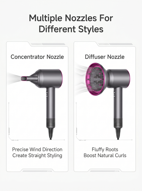 Different Nozzles Introduction detail page for hair dryer. Top main title "Multiple Nozzles For Diff预览效果