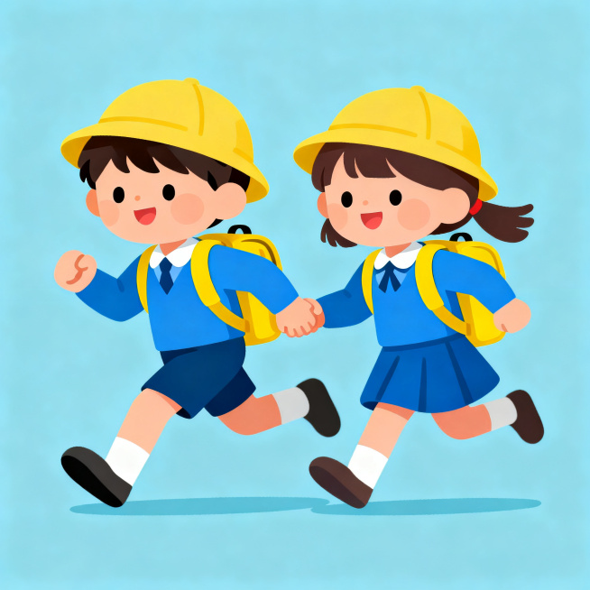 幼儿园主题卡通插画，可爱扁平风格，纯色背景，圆润的线条，简洁的造型，明亮的色彩，可爱的卡通形象，两个穿着蓝色校服的小男孩和小女孩手牵手奔跑，戴着黄色帽子，背着黄色书包预览效果