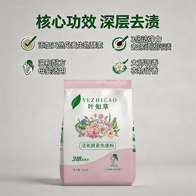 [主图 2] 叶知草活氧酵素免搓粉核心功效展示。[氛围风格] 干净可信，专业轻科技感，和首图保持统一风格。[画质] 商业摄影质感，光线柔和通透，产品清晰真实，画面干净高级。[元素] 叶知草产品包装袋居中放置，背景为干净浅灰色调，围绕产品展示四大核心功效卖点，每个卖点配简约小图标，保持产品外观和配色与原图绝对一致，商品主体占比约50%。[光影] 均匀柔和棚拍光，整体明亮通透，文字和产品清晰突出。[配色] 浅灰白底，搭配产品原有粉绿色，绿色用于卖点标题，清晰对比。[视角构图] 平视居中构图，干净布局，信息层级分明。[文字版式] 顶部大标题“核心功效 深层去渍”绿色粗体，四个卖点分两排两列排列，每个卖点图标+文字：「✓ 添加天然丹麦生物酵素」「✓ 3倍洁净力 去除顽固污渍」「✓ 温和配方 母婴适用」「✓ 大师调香 衣物留香」，文字大小对比清晰，不遮挡主体，文字清晰可辨。[比例分辨率] 1:1比例，2K分辨率，文字清晰锐利，超高清。[负向提示词] 变形，水印，文字错乱，产品图模糊，背景杂乱，信息层级混淆，配色刺眼。