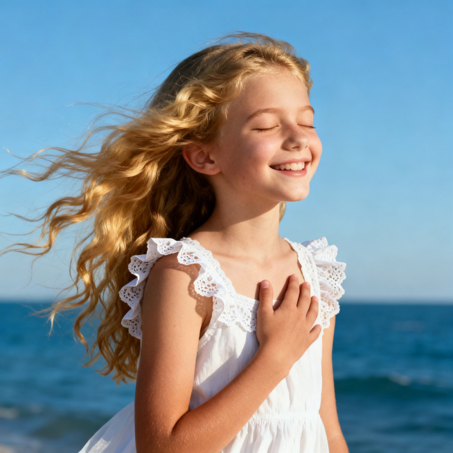 一张超写实的专业人像摄影，15岁左右的外国可爱小女孩，金色长卷发被风吹起，闭着眼睛露出灿烂的笑容，4/3的侧脸，一只手放在胸口，穿着带蕾丝荷叶边的白色无袖连衣裙，背景是蓝色的大海和晴朗的蓝天，温暖的阳预览效果