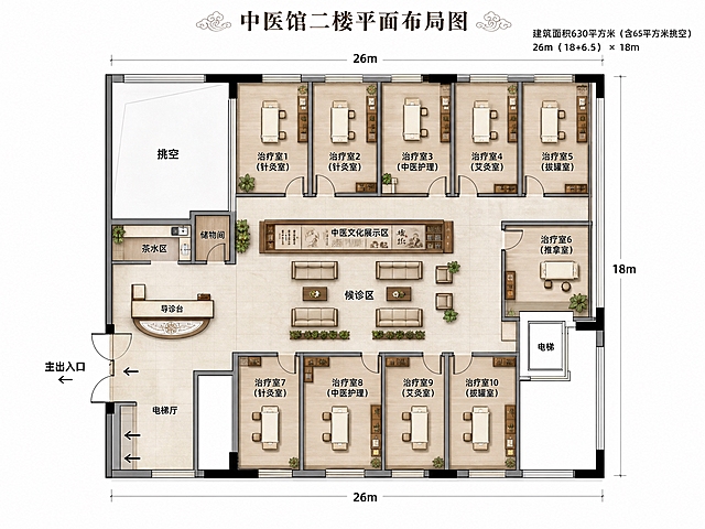 基于提供的疾控中心二楼平面图，重新设计为中医馆平面布局图。严格保留原有建筑的总出入口位置、电梯位置、整体外墙轮廓和格局不变。功能分区要求：1. 设置10间独立中医综合治疗室，比如针灸室、中医护理治疗室等；同时要兼顾患者隐私。2. 一个大候诊区，候诊区内整合少量中医展示，展示中医文化等内容；3. 保留原有电梯位置。整体布局符合中医馆治疗区动线，标注各功能区名称，带家具的平面效果图风格，清晰专业，2K高清画质