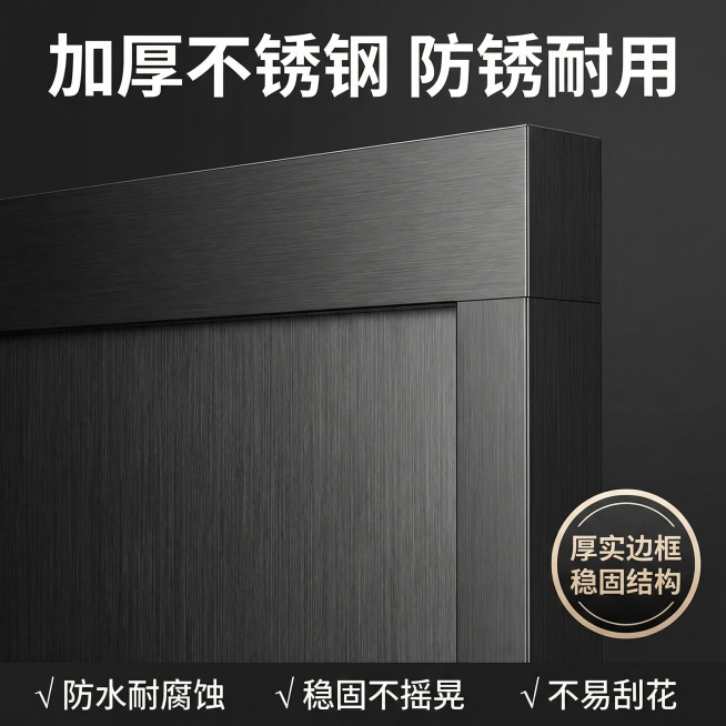 [主图 3] 不锈钢边框材质细节微距展示
[氛围/风格] 极致细节特写，突出高级工艺质感，光影清晰锐利。
[画面元素] 保持原有产品材质特征，全屏特写黑色不锈钢边框，拉丝纹理清晰可见，封边做工工整，金预览效果