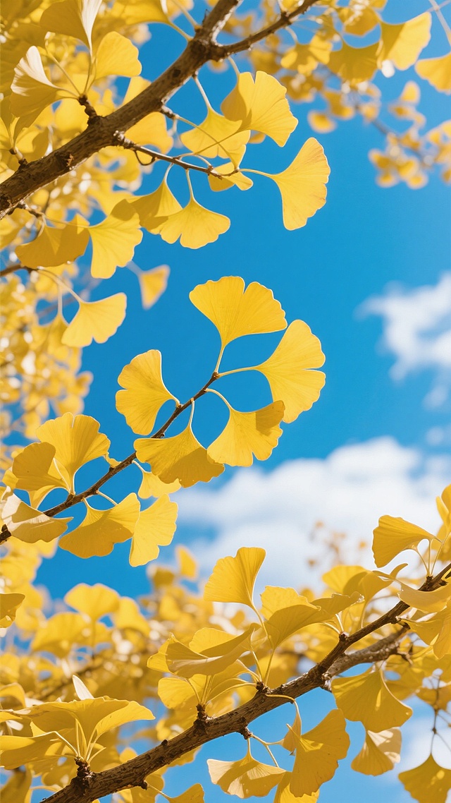 一张仰拍视角的户外自然风景照片，画面中蓝天清澈透亮，点缀着几缕轻薄的白云，前景是密集的银杏树枝干，枝头挂满了明亮饱和的黄色银杏叶，叶片呈现出独特的扇形轮廓，阳光从枝叶间洒落，在叶片上形成自然的光影明暗变化，部分叶片边缘有细微的高光，整体营造出秋日明朗、温暖、生机勃勃的氛围，银杏叶的造型经过艺术化变换处理，保留了黄色调与秋日意境但呈现出新颖的形态设计。