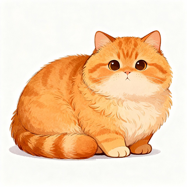 可爱感十足的橙色猫咪，卡通风格插画，厚涂技法呈现毛发生长细节，温暖治愈，适合作为节日贺图。