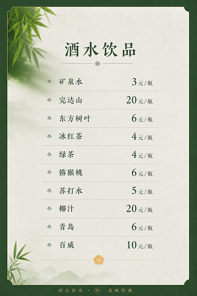 还是这个模板，矿泉水 3元/瓶、完达山 20元/瓶、东方树叶 6元/瓶、冰红茶 4元/瓶、绿茶 4元/瓶、猕猴桃 6元/瓶、苏打水 5元/瓶、椰汁 20元/瓶、青岛 6元/瓶、百威 10元/瓶
