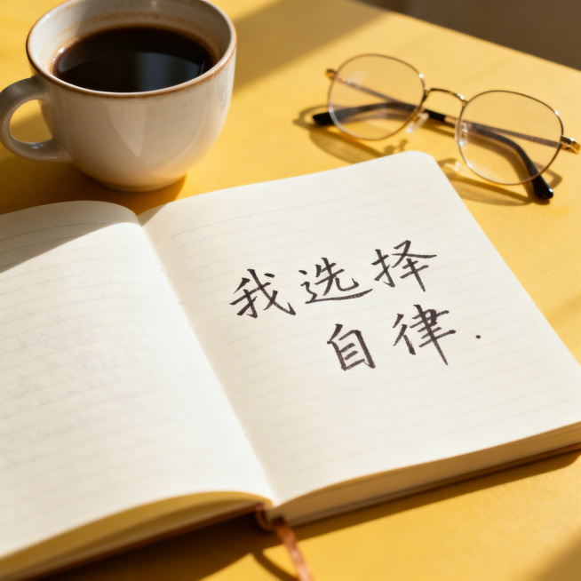晨光中的书桌特写，摊开的笔记本上手写文字"我选择自律"，旁边放着咖啡杯与眼镜，整体为暖黄色调，清新治愈氛围，细节清晰预览效果
