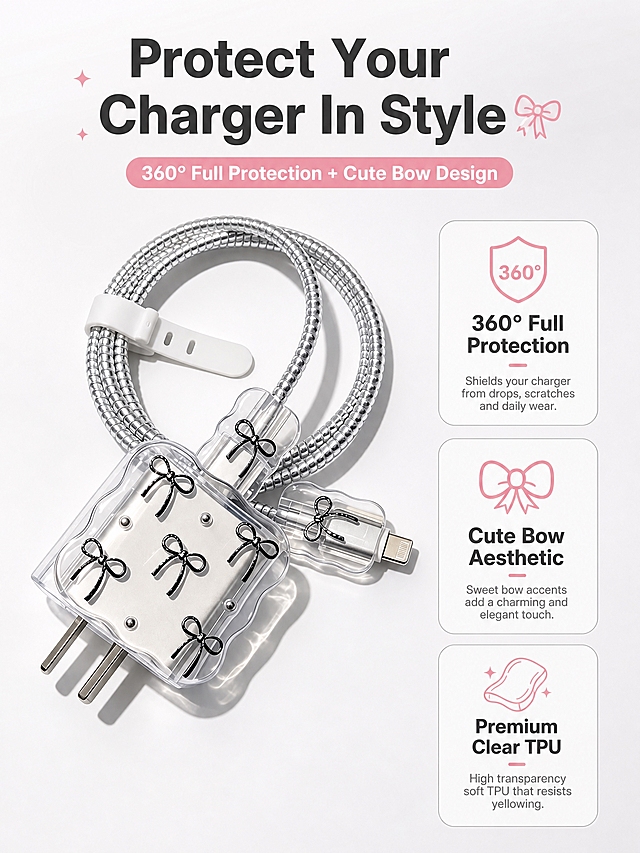 [主图-2] Cute Bow Clear Charger Protector Set for iPhone Charger，核心价值卖点图，主题为360° Full Protection + Cute Bow Design。
[统一基调] 亚马逊跨境电商信息图风格，浅灰白色渐变背景，整体清新甜美，英文文案，字体为现代无衬线粗体，标题字色为深灰近黑，辅助字色为中灰色，强调色用柔粉色点缀，圆角卡片样式。
[画面] 画面中央偏左位置展示完整的充电器保护套套装（充电器头保护套+两端数据线保护头+弹簧数据线），产品以45°角摆放，透明保护套清晰可见。右侧和上方分布3个核心卖点图标+文字卡片：1）盾牌图标配"360° Full Protection"，说明防摔防刮保护充电器；2）蝴蝶结图标配"Cute Bow Aesthetic"，说明甜美装饰风格；3）TPU材质图标配"Premium Clear TPU"，说明高透软壳材质不发黄。每个卖点卡片为圆角矩形，浅白底+细灰边，图标为简约线条风格。产品占画面约55%。
[光影质感] 商业摄影质感，柔和均匀布光，透明材质清透有光泽，产品底部有自然投影，整体融入背景。
[配色] 浅灰白渐变背景，深灰标题字，中灰辅助字，柔粉色图标点缀，整体清新甜美少女风。
[文字版式] 顶部大标题"Protect Your Charger In Style"，右侧三个卖点卡片各含标题+小字说明，文字不遮挡产品主体，放在负空间。字体统一为现代无衬线粗体，字号层级分明。
[输出要求] 3:4比例，文字清晰可读，产品清晰，无变形、错字、模糊、杂乱、水印、平台Logo。