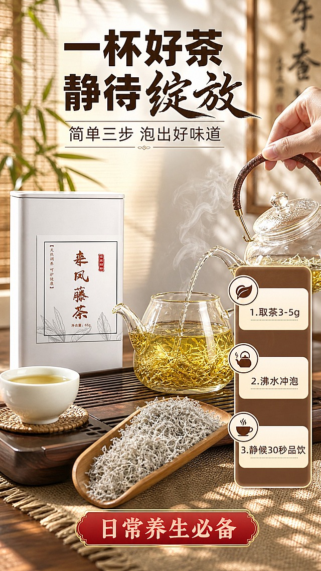 [商品] 使用【图1】来凤藤茶65g白色袋装产品；保留白色包装袋、棕色标签框、"来凤藤茶"棕色书法大字、"世界硒都"红色印章；产品包装文字与结构完全保真。产品置于画面左侧茶席上，占画面约25%。
[画面] 目标：冲泡场景页，展示中式茶席冲泡仪式感与冲泡方法。构图：中式茶席场景，深棕色木质茶盘上摆放藤茶产品、玻璃茶壶（壶中是金黄透亮的藤茶茶汤，可见舒展的龙须嫩芽，参考【图3】冲泡形态）、白瓷茶杯、茶则（茶则中盛放满披白霜的干藤茶，参考【图5】形态）；一只手正用沸水冲泡壶中藤茶，蒸汽袅袅升起；茶席铺有浅棕色麻布；背景为虚化的中式书房或茶室，有竹帘光影；整体氛围宁静雅致、中式养生仪式感。
[视觉] 套系策略：风格=中式养生商业摄影+拼多多大字报风格；标题字=粗黑体+书法点缀；正文字=简洁黑体；主色=暖棕+米白+竹影绿；背景延展=米白+竹帘光影+深棕木桌层次；强调色=朱砂红，仅用于小标签；标题色=深棕；正文色=中棕；组件=圆角棕底信息卡、细线引线、红色标签；光影=窗边自然光，温暖柔和，有竹帘投影。
[文字] 右上主标题"一杯好茶 静待绽放"，副标题"简单三步 泡出好味道"，右侧3步冲泡说明："1.取茶3-5g"、"2.沸水冲泡"、"3.静候30秒品饮"，底部红色标签"日常养生必备"；所有文字横排，字号大，手机端清晰可读。
[规格] 图片比例9:16竖版，4K，避免变形、错字、文字过小、冷蓝背景、包装文字错乱、茶叶形态错误。