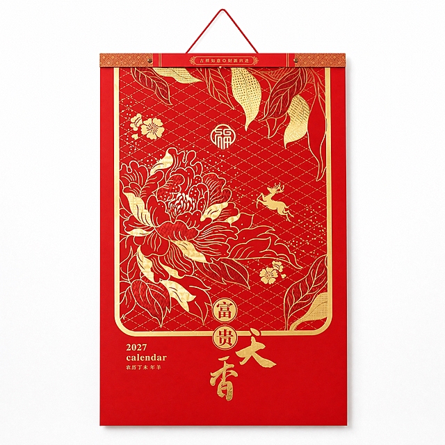 产品精修, 产品置于纯白背景上, 专业商业棚拍光, 5500K标准中性白光, 轮廓光, 体积光, 曝光正确, 强烈真实立体感, 提亮黑色/深色区域的结构层次, 拉开明暗过渡, 恢复部件边界、接缝、转折面和厚度关系, 避免一片死黑但保持原图深色属性, 接地处保留干净浅淡的自然接触阴影, 严禁大片投影、脏灰阴影和悬浮感, 主体居中, 商品完整入画不裁切, 商品外轮廓视觉体量约画面60%-80%, 四边均匀留白约10%-20%, 严禁满幅铺满与贴边顶满, 极致超清画质, 细节清晰锐利, 4K分辨率, 商业级实拍质感, 保留原图真实材质与结构细节, 明显提升商品表面洁净度, 清理灰尘、污渍、指纹、油污、胶痕和霉点, 让表面从脏旧发闷变为干净可售卖状态, 修复划痕、磨损、掉漆、飞边毛刺和使用旧痕, 翻新为干净商业新品感, 基于原图材质恢复纹理、颗粒、折射、高光、柔韧折痕、透明边线或工艺细节, 避免糊成塑料感, 去除非售卖主体杂物、临时垫块、包装垫、支撑块、纸片或填充物, 严禁误删商品结构, 锁定原图商品颜色, 颜色以输入图为唯一参考, 分段部件颜色边界按原图锁定, 还原真实物理色彩, 消除灰暗感和偏色, 锁定原图商品轮廓、件数、部件位置、连接关系、标签文字和可见功能细节, 只做精修不重绘结构, 挂历红色封面纸张: 哑光/半哑光纸质质感, 柔和漫反射, 低高光, 烫金牡丹富贵天香图案区域: 光面金属质感按原图锁定, 高光边线清晰, 反射干净但不过度镜面化, 挂绳区域: 布艺/纺织质感自然, 织纹方向清晰, 纤维层次真实, 正视图, 标准透视校正, 正常透视焦段, 保持同类机位, 比例1:1