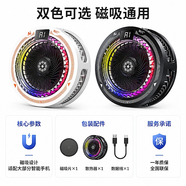 「图片1」，生成一套主图（5张），商品名称是AI磁吸手机散热器，卖点是：1.五种模式.无极百档；2.额定20W，冰下-9度；3.AI智能散热，大面积制冷；4.RGB炫光流彩；5. 温度功率双数显；适配 京东平台，主图比例为1:1  场景是：开黑打野，要求高点击率高转化率！，适配京东平台，主图比例为1:1「图片1」「图片1」「图片1」「图片1」