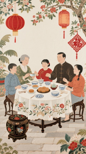 中国传统庭院中的中秋夜宴场景，月光皎洁洒下，家人们围坐庭院中，桌上铺着精美刺绣桌布，摆放螺钿漆器餐具与月饼、香茗，周围悬挂着红色剪纸灯笼，灯笼投射出温暖光晕，整体色调红金交织，充满温馨喜庆氛围，高度精预览效果