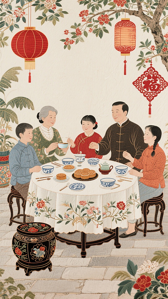 工笔细腻，刺绣质感，浮雕层次，中式庭院团圆宴，红灯笼与福字点缀，尽显春节喜庆温馨氛围。