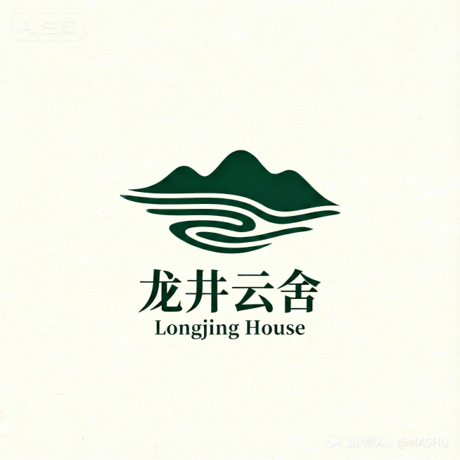 极简东方风logo设计，线条与山水融合，墨绿与米白配色，淡雅高端 把那片叶子去掉 只要山水预览效果