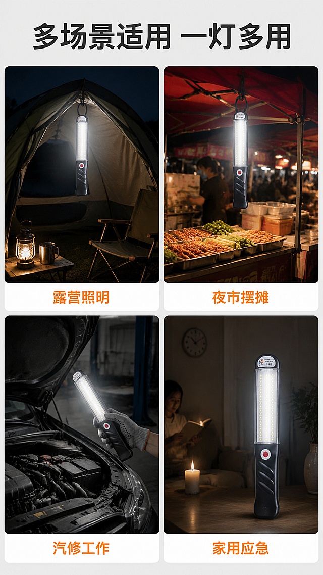使用商品详情页技能根据商品图「图片1」「图片1」「图片1」「图片1」「图片1」生成详情页，参考图为，商品名称为手持充电灯，卖点为圣海照明品牌、磁吸+挂钩，五档亮度调节，一档强光二挡中亮三挡弱光，四档快闪，五档慢闪，type-c充电，适用于露营照明，夜市摆摊，汽修工作，家用应急，适配平台为1688，图片比例为9:16，需求屏数为6张，