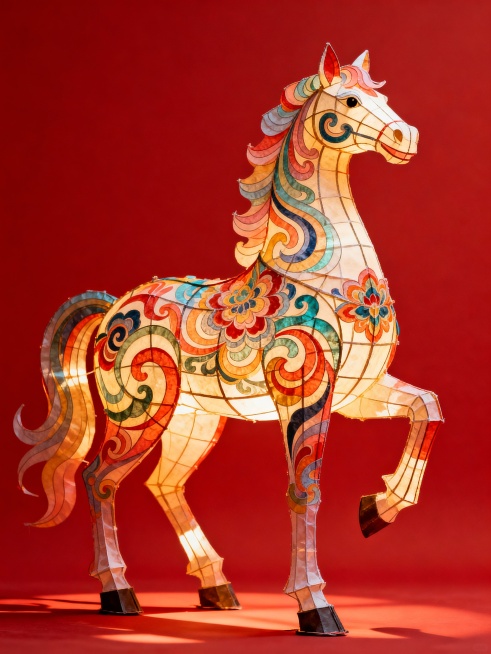 国风抽象风格，纸糊生肖马灯（全身呈现）；马儿姿态胸高气傲，尽显高傲优雅神韵，马身由柔美灵动的线条与层次分明的花纹组合而成，融入中国传统纹饰、敦煌纹元素；整体斑斓绚丽、美轮美奂；背景为纯红色预览效果