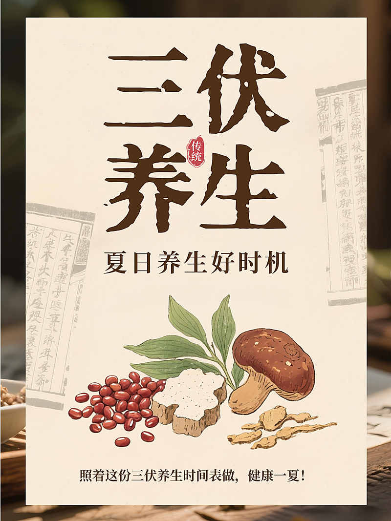 三伏天养生知识科普分享米棕色中式感小红书封面