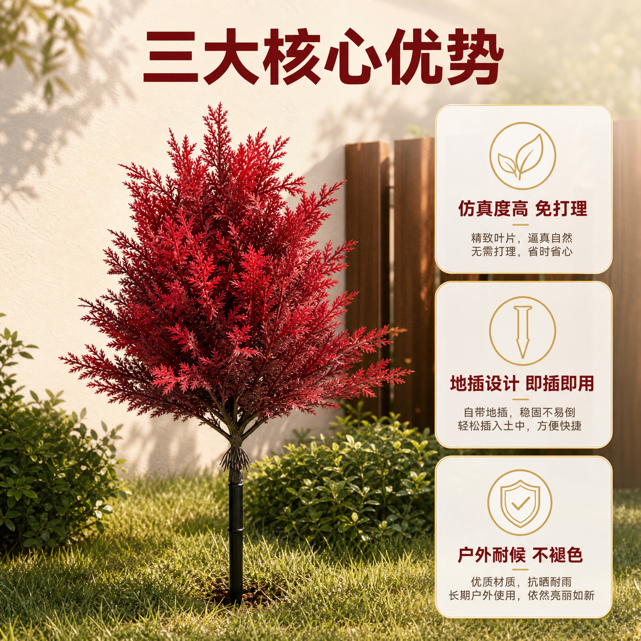 [主图-2] 红色仿真柏叶地插装饰摆件 卖点信息与使用体验 材… - 图片创意预览