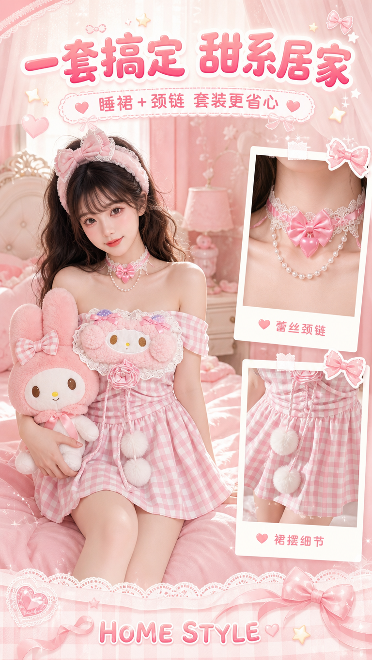 [商品] 使用【图1】粉白格纹美乐蒂主题抹胸睡裙+蕾丝蝴蝶结颈… - 图片创意预览