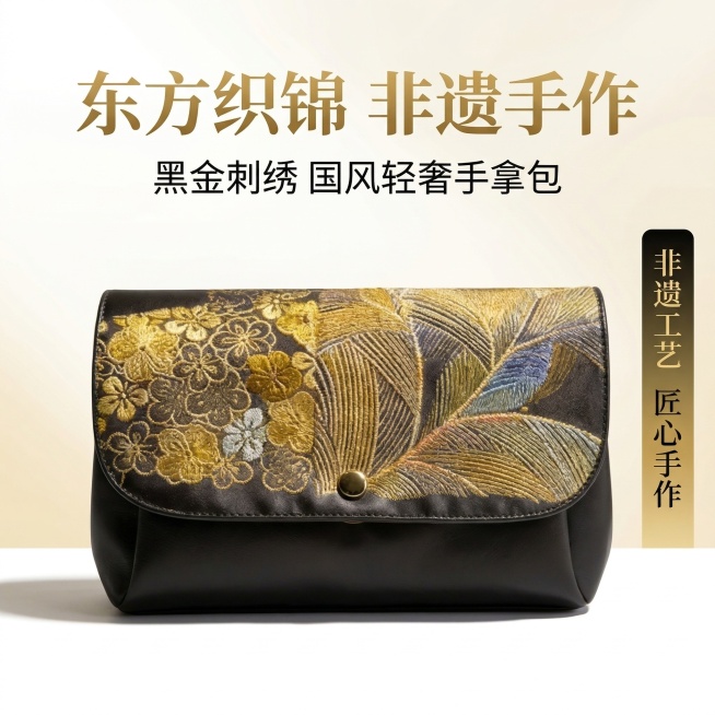 生成1:1竖版轻奢国风高级感电商主图，首屏主视觉海报，杂志排版精致感。主标题："东方织锦 非遗手作"，副标题："黑金刺绣 国风轻奢手拿包"。画面中心展示手拿包产品正面全景，严格还原上传产品的包装设计、预览效果