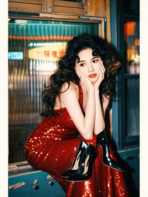 复古港风氛围，一位穿红裙女性，卷发蓬松有光泽，妆容惊艳，红唇，精致眼妆，姿态慵懒，手托腮，持黑色高跟鞋。背景带朦胧怀旧夜景，色调暖黄复古，营造80年代港风电影感预览效果