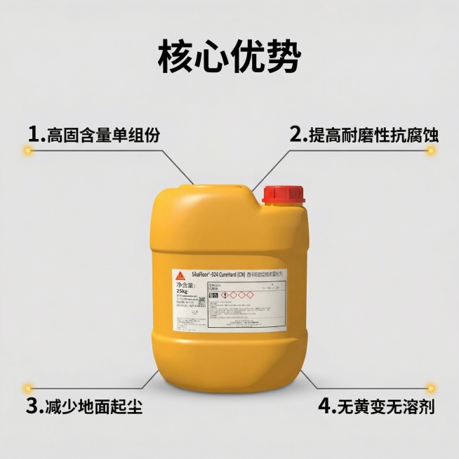 [主图 2] 西卡渗透型液体硬化剂核心亮点展示
[氛围/风格] 工业专业清晰风，突出核心卖点
[画面元素] 保持原产品外观完全不变，产品位于画面中心，围绕产品用细引线标注核心优势，每个引线末端配小光点预览效果