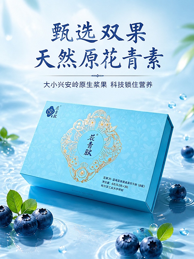 [第1屏] 详情页头图-至臻30·蓝莓蓝靛果晶冻干粉产品宣传海报。本屏使用【图1】作为商品主体。
[氛围/风格] 清新自然高级感，浅蓝水光背景，突出产品天然健康调性，商业摄影质感。
[元素布局] 产品包装盒置于画面中下区域，占比约65%；上方预留标题区域，背景用淡蓝色水波纹烘托产品，周围点缀新鲜蓝莓果实提升天然氛围感，保留产品包装原有结构、颜色和文字内容不变。
[光影质感] 上方柔光主照明，下方自然投影，包装盒表面保留清晰光泽，整体通透干净，突出产品高级感。
[配色色系] 全局底色 #E8F4FC；主色浅青蓝色；辅助色深蓝色文字，浅金色装饰，果实深紫色。
[视角构图] 正面平视，产品为绝对视觉中心，阅读动线从上到下，自然流畅。
[文字版式] 版式为上方标题 + 中部产品 + 底部信息。主标题「甄选双果 天然原花青素」，副标题「大小兴安岭原生浆果 科技锁住营养」，标题采用温润书法字体，深蓝色居中对齐；不遮挡产品主体。
[比例分辨率] 3:4 竖版比例，4K分辨率，文字清晰可辨，高清画质。
[负向提示词] 产品变形，包装文字错乱，颜色偏差，水印，背景杂乱，文字过小，缺件错件