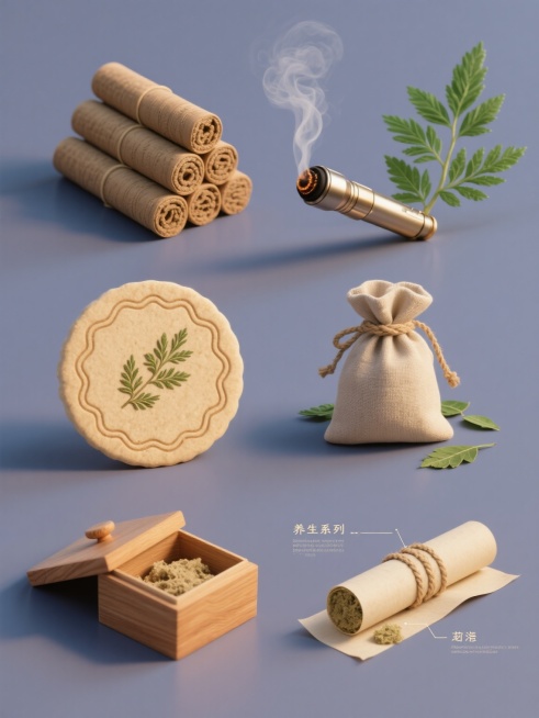 3D立体风格养生系列素材集合，纯色背景，规整排布六个完全不同元素内容：左侧上方是堆叠的浅棕色艾灸条，表面有细密纹理，右侧搭配新鲜翠绿艾草枝叶；左侧中间是圆形艾灸饼，边缘有波浪纹，中心点缀艾草图案；左侧下方是艾灸盒，木质纹理，盒内露出艾绒；右侧上方是手持艾灸仪，金属质感，出火口有模拟烟雾效果；右侧中间是艾草足浴包，布质感，系着麻绳，旁边散落几片艾叶；右侧下方是艾条卷制过程示意图，展示艾绒与纸张的……预览效果