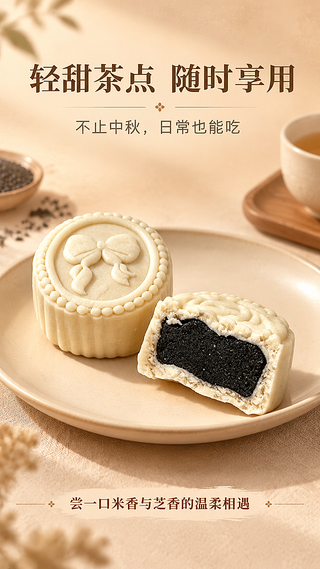 [商品] 使用【图1】完整米月饼与【图2】半块切面米月饼；保留饼体形状、奶米白饼皮、蝴蝶结压纹、黑芝麻馅切面；去除冷白背景，组合呈现下午茶收尾氛围。
[画面] 收尾转化屏，一整块米月饼与半块切面米月饼组合摆放在浅米色瓷碟上，暖麦杏背景，奶油棕柔和阴影，整体呈现温润下午茶点氛围，画面简约但有食欲，光线柔和温暖，营造温柔治愈的收尾感。
[视觉] 套系策略：风格=新中式温润高级商业美食摄影；标题字=宋体衬线粗体（雅致厚重）；正文字=简洁无衬线体；主色=暖奶米白+浅麦杏；背景延展=基于浅麦杏做上下深浅渐变、细腻米面粉质质感；强调色=深栗棕，仅用于小面积图标、引线和重点词高亮；标题色=深暖棕（咖啡棕）；正文色=柔炭灰；组件=细线圆角浅米色信息卡、细棕线引线；光影=左上侧暖柔光+侧逆光轮廓，奶油感高光，柔和阴影。
[文字] 画面中上部横排主标题「轻甜茶点 随时享用」，副标题「不止中秋，日常也能吃」；画面底部横排引导语「尝一口米香与芝香的温柔相遇」，字体稍大，温暖有感染力；文字均横排，不遮挡饼体主体。
[规格] 淘宝/天猫详情页，9:16竖版，4K分辨率，负向提示：纯黑、冷白背景、灰蓝阴影、纸盒包装、变形、错字、文字竖排、文字过小、深色压抑、过度促销话术