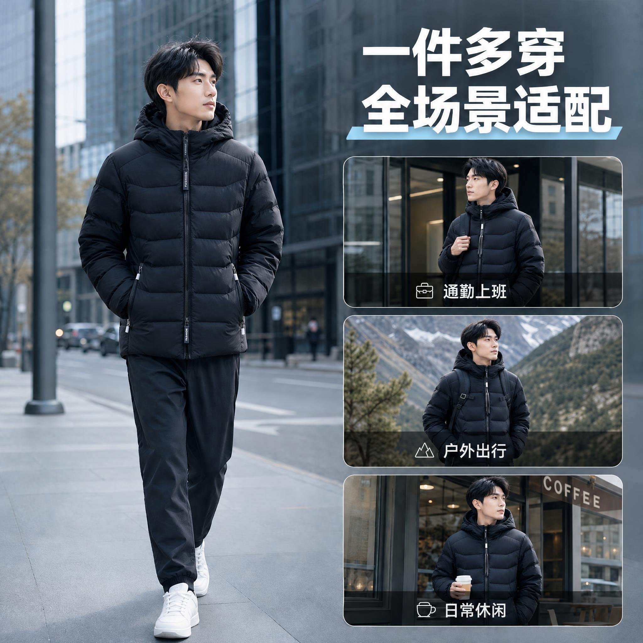 修改男士黑色轻薄连帽羽绒服的以下细节，其他保持不变：1.帽口改… - 图片创意预览