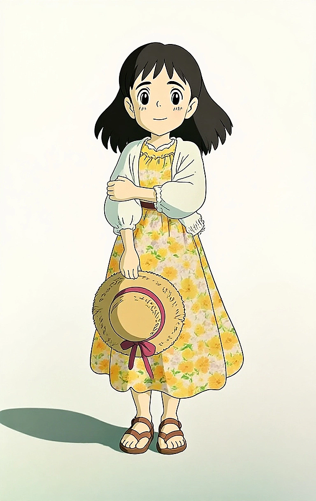 图片中的人物变成Q版吉卜力动漫风格，可爱卡通，完整人物，白色背景