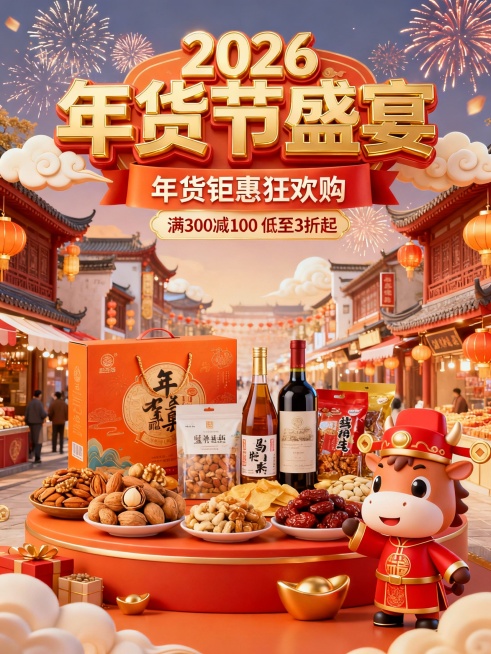 2026 马年年货节盛宴促销海报，以正红、暖橙与鎏金为主色调，营造热烈喜庆的囤货氛围。背景为新中式集市街道，搭配烟花、祥云、灯笼等元素，增强年节氛围感。顶部用鎏金立体字呈现 “年货节盛宴”，辅以 “年预览效果