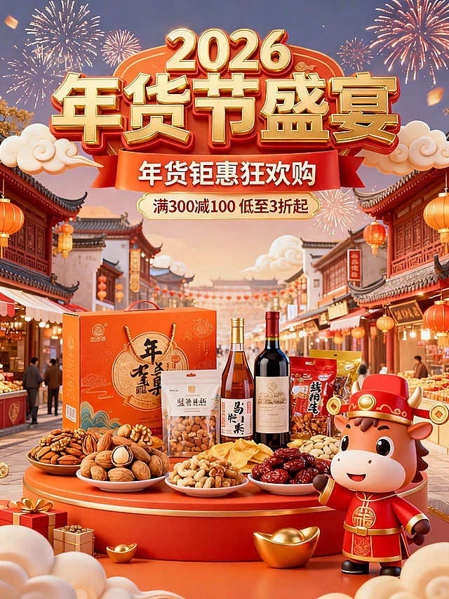 2026 马年年货节盛宴促销海报，以正红、暖橙与鎏金为主色调，营造热烈喜庆的囤货氛围。背景为新中式集市街道，搭配烟花、祥云、灯笼等元素，增强年节氛围感。顶部用鎏金立体字呈现 “年货节盛宴”，辅以 “年货钜惠狂欢购”“满 300 减 100 低至 3 折起” 的促销文案。画面中心是年货商品陈列区，摆放坚果礼盒、酒水、零食等商品；右侧是 3D 卡通马年 IP 形象，身着红衣官帽传递热闹氛围。整体采用 3D 立体与新中式元素结合的风格，融合促销信息、生肖元素与年俗氛围，风格醒目活泼，适合作为商超或电商年货节的引流宣传海报。