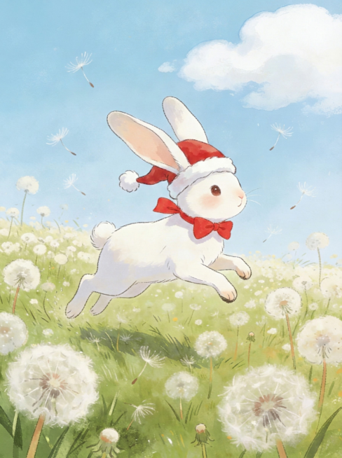 帮我去掉右下角的水印，同时扩展图片，然后将兔子的头上戴上一个圣诞帽预览效果