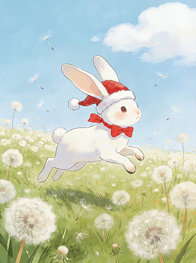 帮我去掉右下角的水印，同时扩展图片，然后将兔子的头上戴上一个圣诞帽