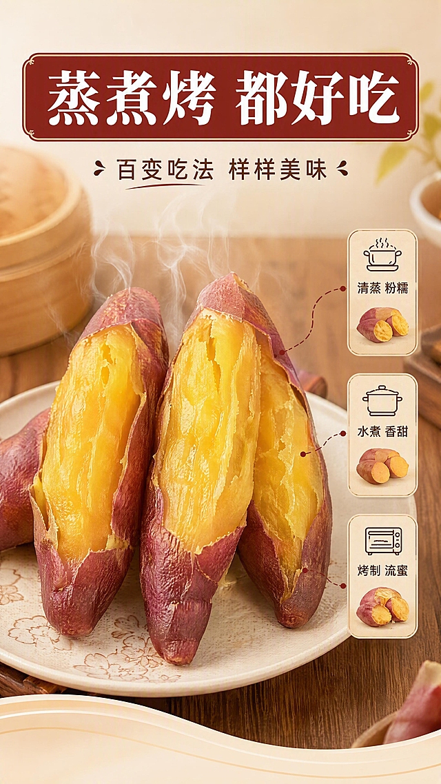 [商品] 使用【图9】盘中蒸熟的板栗薯，三根红薯竖放摆盘，外皮自然爆开露出金黄果肉；保留红皮、金黄果肉、粉糯质地和真实薯形，颜色比例不变。
[画面] 多种吃法展示页，竖屏9:16。主体为盘中蒸熟的板栗薯，占画面约55%，位于画面中部；上方有微微蒸汽升腾的暖雾效果；背景是温馨家常餐桌场景，虚化的竹蒸笼、木桌；右侧用3个小图标+文字展示蒸/煮/烤三种吃法。
[视觉] 套系策略：风格=生鲜农特食欲风商业摄影，米黄浅底新中式信息卡风格；标题字=粗宋黑体；正文字=简洁无衬线体；主色=米杏底+红薯红+深棕标题；背景延展=暖木色餐桌+米黄底色渐变；强调色=棕红色，仅用于标题底框、小标签和引线；标题色=深棕红；正文色=深暖灰；组件=圆角棕红底白字标题框、细线引线、小薯块图标；光影=暖调顶侧光，蒸汽透亮，薯皮油润有光泽。
[文字] 上部主标题"蒸煮烤 都好吃"，棕红底白字横条框；副标题"百变吃法 样样美味"；右侧竖排3个吃法卡片（文字横排）："清蒸 粉糯""水煮 香甜""烤制 流蜜"，全部横排，不遮挡薯块主体。
[规格] 抖音竖屏9:16，分辨率4K，负向提示：避免变形、错字、文字过小、冷色调、薯肉颜色失真、水印、二维码。