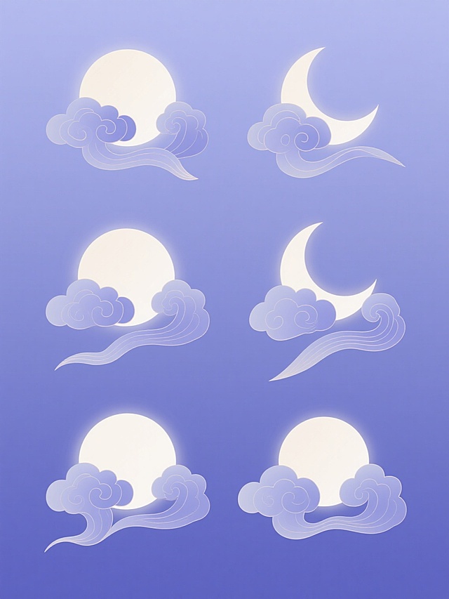 中国传统吉祥纹样风格插画，纯色背景，整体采用柔和渐变的蓝紫色调，画面中包含六个同系列素材规整排布，每个素材均保留核心元素祥云和月亮，月亮呈现不同形态——新月、峨眉月、上弦月、盈凸月、满月、亏凸月，祥云造型各异，有的呈卷云状环绕月亮底部，有的如飘带般从月亮两侧延伸，有的似层叠浪花托举月亮，所有元素均采用平滑的线条勾勒，内部填充细腻的渐变色，边缘有淡淡的高光处理，营造出轻盈飘逸、典雅和谐的氛围，整体构图对称均衡，色彩统一且富有层次感。