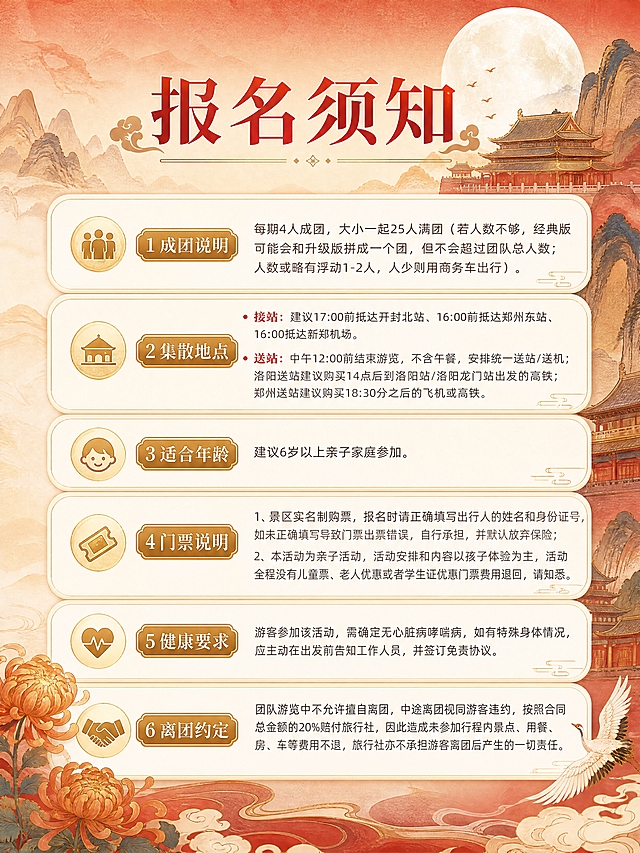 [商品] 使用【图1】中秋国庆放假通知图作为风格参考；提取其国潮新中式工笔风格、红金配色、卡片布局、字体风格，用于本次河南亲子研学须知页设计。
[画面] 页面目标：报名须知页，展示参团重要信息。构图：顶部标题+中部多个须知模块卡片纵向排列，每个模块有小标题+内容。主体：6个须知模块卡片，依次排列。阅读动线：从上到下。前中后景：远景淡色山水纹理、中景卡片层、前景装饰元素。
[视觉] 套系策略：风格=国潮新中式工笔插画风格；标题字=宋体衬线粗体，带古风装饰；正文字=简洁宋体/无衬线体；主色=朱红+暖金；背景延展=基于浅米黄+淡朱红做渐变晕染和宣纸纹理质感；强调色=金色，仅用于模块小标题、图标、分割线；标题色=朱红色；正文色=深棕/深灰；组件=圆角白底模块卡、金色小标题栏、项目符号、古风小图标；光影=暖调柔光。
[文字] 顶部主标题：报名须知（大字号朱红色）。模块1 成团说明：每期4人成团，大小一起25人满团（若人数不够，经典版可能会和升级版拼成一个团，但不会超过团队总人数；人数或略有浮动1-2人，人少则用商务车出行）。模块2 集散地点：接站：建议17:00前抵达开封北站、16:00前抵达郑州东站、16:00抵达新郑机场。送站：中午12:00前结束游览，不含午餐，安排统一送站/送机；洛阳送站建议购买14点后到洛阳站/洛阳龙门站出发的高铁；郑州送站建议购买18:30分之后的飞机或高铁。模块3 适合年龄：建议6岁以上亲子家庭参加。模块4 门票说明：1、景区实名制购票，报名时请正确填写出行人的姓名和身份证号，如未正确填写导致门票出票错误，自行承担，并默认放弃保险；2、本活动为亲子活动，活动安排和内容以孩子体验为主，活动全程没有儿童票、老人优惠或者学生证优惠门票费用退回，请知悉。模块5 健康要求：游客参加该活动，需确定无心脏病哮喘病，如有特殊身体情况，应主动在出发前告知工作人员，并签订免责协议。模块6 离团约定：团队游览中不允许擅自离团，中途离团视同游客违约，按照合同总金额的20%赔付旅行社，因此造成未参加行程内景点、用餐、房、车等费用不退，旅行社亦不承担游客离团后产生的一切责任。所有文字横排，手机端可读。
[规格] 图片比例3:4竖版，4K分辨率，负向提示：避免变形、错字、文字过小、冷蓝/蓝灰背景、现代元素、二维码、水印、极限词、竖排文字。