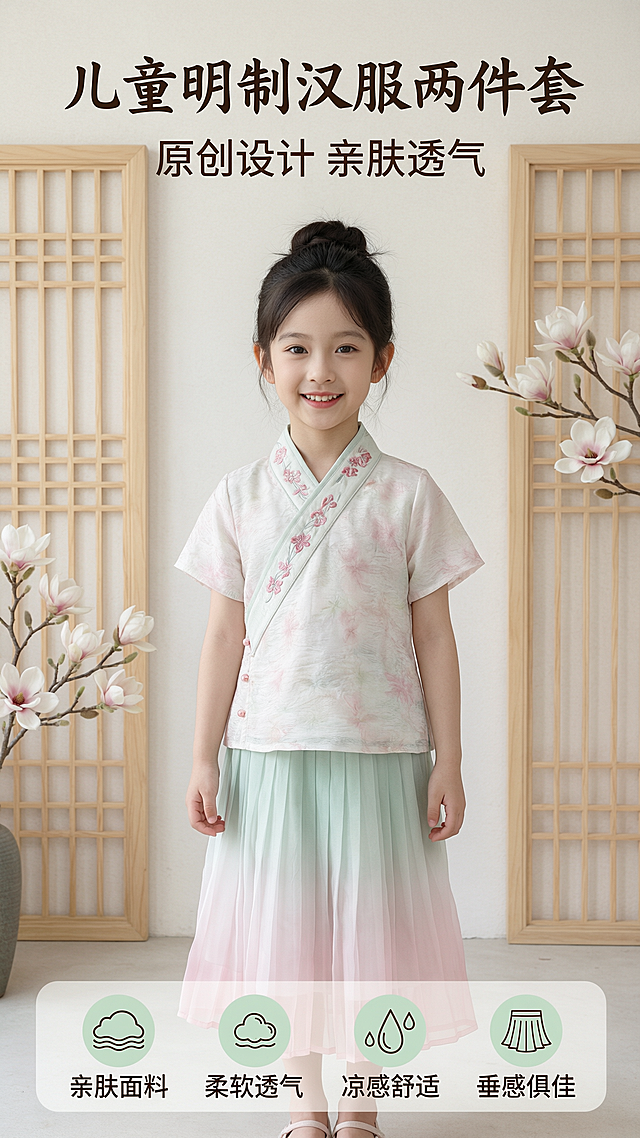 [第1屏] 详情页头图-儿童明制汉服两件套新品宣传海报。
[氛围/风格] 清新雅致国风，浅米白色背景，温润自然光，商业摄影质感，画面清新温柔。
[元素布局] 小女孩模特穿着儿童明制汉服两件套站在画面中心偏上区域，占据画面65%左右主体。保持模特样貌和原有丸子头发型不变，添加自然甜美的笑容。上衣保持产品图浅白底带粉色花朵暗纹，浅绿包边，领口粉色绣花和三颗粉色纽扣的设计不变；裙子渐变色和长度严格参考图3，从浅绿渐变到浅粉百褶网纱，保留垂顺褶皱质感。背景搭配浅木色中式格栅和少量新鲜玉兰花作为装饰，整体营造干净雅致的国风氛围，无边框满铺。
[光影质感] 正面柔和主光均匀照亮汉服和模特，形成自然柔和阴影，衣物质感清晰，绣花细节分明，整体干净通透，产品真实自然。
[配色色系] 全局统一底色：#F9F9F9（米白色）；主体配色：产品原有的浅白底+浅绿包边+粉色绣花+粉绿渐变裙摆；辅助色：浅木色（背景格栅）+米白色（底色）。所有屏使用相同底色。
[视角构图] 正面平视，全身构图，模特位于画面中心偏上，上半部分预留标题区域，底部为信息区域，构图平衡舒适，产品完整展示。
[文字版式] 顶部居中主标题「儿童明制汉服两件套」，字体为温润国风书法体，浅墨黑色，字号占画面宽度8%；主标题下方副标题「原创设计 亲肤透气」，浅灰色圆角字，字号为主标题50%；画面底部排列四个卖点信息图标+文字： 亲肤面料 柔软透气 凉感舒适 垂感俱佳，每个卖点用一个浅绿小圆底+黑色文字，横向均匀分布，文字不遮挡主体产品。
[比例分辨率] 9:16竖版比例，2k分辨率，文字清晰可辨，超高清。
[负向提示词] 模特样貌改变，发型改变，颜色渐变错误，裙子长度错误，文字错乱，变形，水印，产品模糊，背景杂乱。