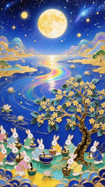 梦幻奇幻风格，全景，画底部有很多兔子在桂花树树下捣药， 中央巨大的发光满月，超现实的星空河流世界，梦幻感，色彩以深邃蓝、暖黄为主，搭配金色点缀预览效果
