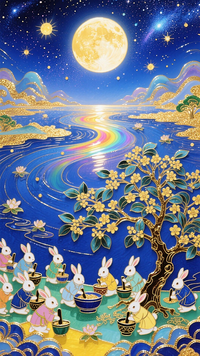 梦幻感与中式奢华交织，拟人化玉兔围坐树下捣药，鎏金浮雕风勾勒月夜仙境，刺绣般细腻纹理点缀花树，插画风呈现中秋唯美意境。