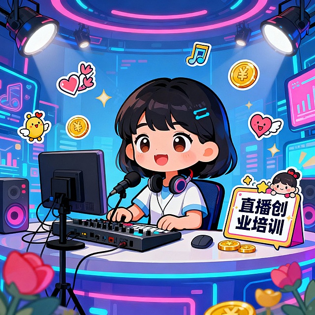 直播创业培训PPT素材图，风格动漫人物