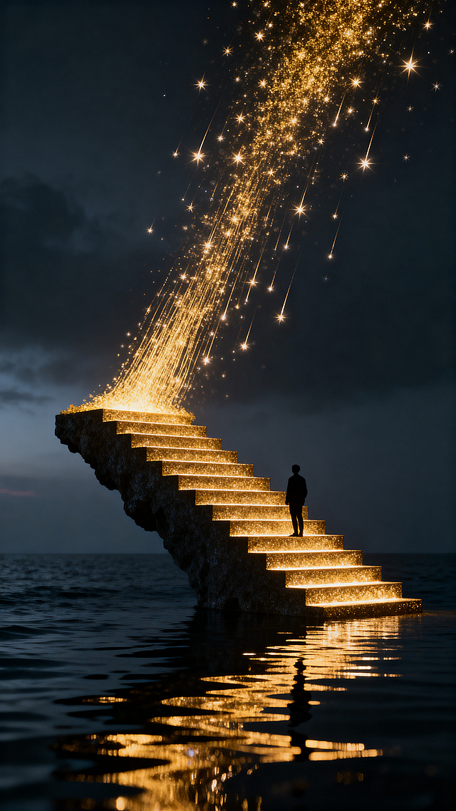 鎏金阶梯悬浮于夜海之上，星光倾泻如雨，3D超现实构图融合粒子光影，营造梦幻神圣的浪漫氛围。