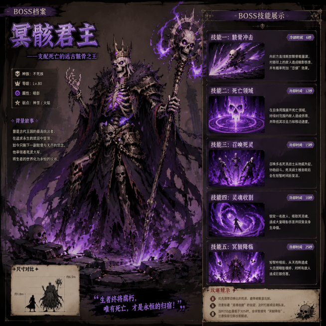 二次元手绘画风，游戏BOSS骷髅，附带BOSS技能展示，同页面呈现预览效果