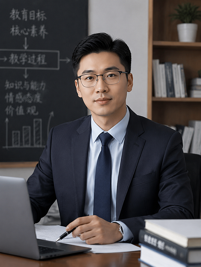 原创国内男性AI老师职业照，不侵权，亚裔中国人长相，参考图片的专业商务风格和办公室教育场景，男性穿着正式西装，专业摄影师光影，高质量专业肖像，符合国内教师职业形象，原创AI生成，与前三张不同人物