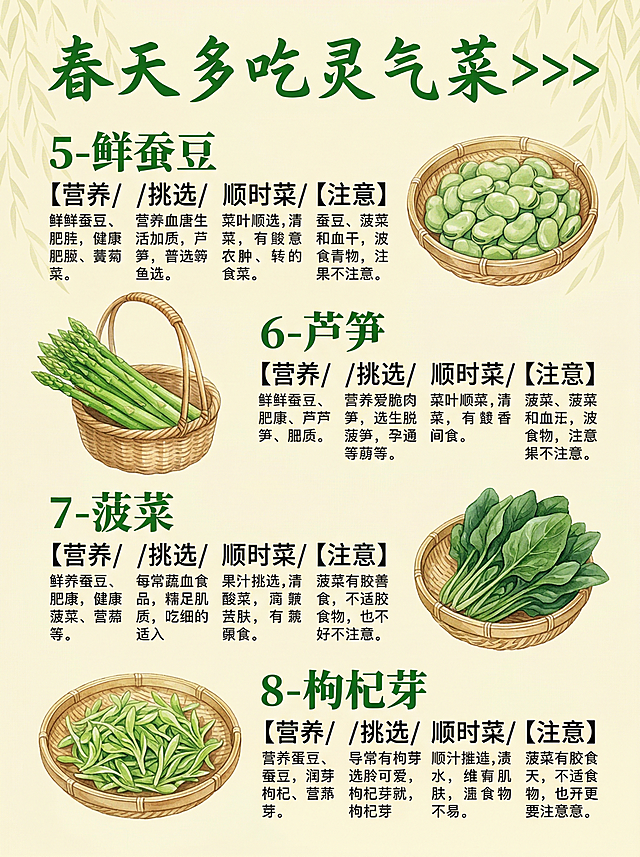 一张清新治愈的中式水彩风格春日应季蔬菜科普海报，米黄色背景带有淡柳叶纹理，顶部主标题是纯绿色手写艺术字"春天多吃灵气菜>>>"。画面按序号依次展示4种春日蔬菜，采用图文交替对称排版：1. 鲜蚕豆：右侧放置装在浅棕色编织竹篮里的青绿色鲜蚕豆水彩插画，左侧文字区用绿色粗体序号"5-鲜蚕豆"，下方分【营养/挑选/顺时菜/注意】四栏，正文为黑色宋体；2. 芦笋：左侧放置装在带提手编织篮里的翠绿芦笋水彩插画，右侧文字区为绿色粗体序号"6-芦笋"，信息栏排版与上一项对称；3. 菠菜：右侧放置装在竹篮里的深绿菠菜水彩插画，左侧文字区为绿色粗体序号"7-菠菜"，信息栏排版与第一项一致；4. 枸杞芽：左侧放置装在竹篮里的嫩绿枸杞芽水彩插画，右侧文字区为绿色粗体序号"8-枸杞芽"，信息栏排版与第二项对称。整体色调柔和温暖，水彩质感细腻通透，充满田园生机与春日养生氛围感，排版工整清晰，适合作为健康饮食科普内容。
