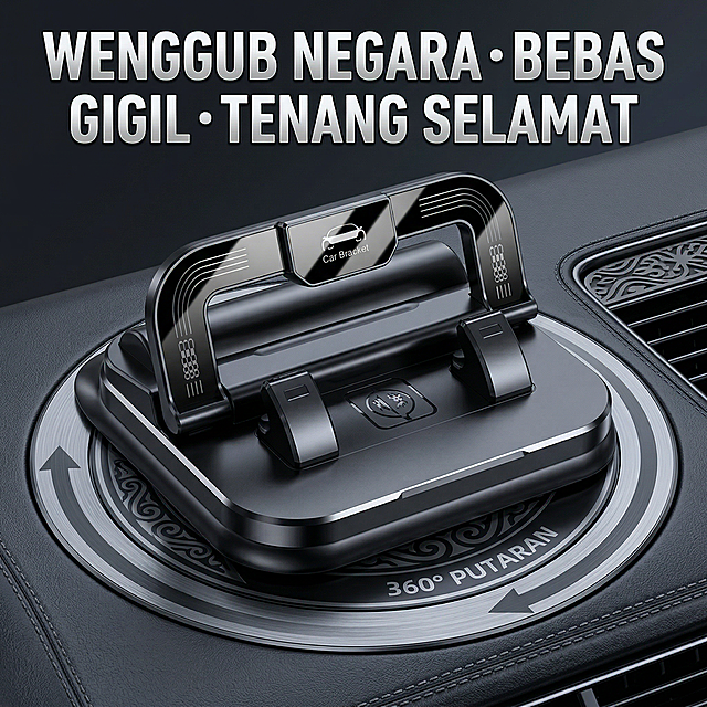 黑色款车载手机支架主图，简约科技风，黑银白浅灰配色，马来风格，车内中控台展示，360度旋转功能展示，产品居中，马来西亚语短句卖点大字标注："稳固不抖・一路静音"，文字粗体醒目，保持原图比例，干净高级暗灰车内背景，主体突出，不要白底图，更换排版和色系与原图不同