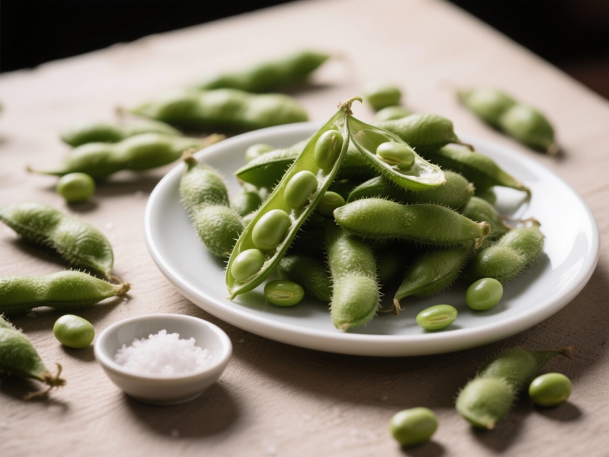 超写实静物，现剥的毛豆，豆荚翠绿，部分剥开露出嫩绿色豆粒，零散摆放在白色瓷盘里，旁边放着一小碟盐，暖光柔和，豆荚绒毛和豆粒饱满质感分明，真实家常食材的质朴感。预览效果