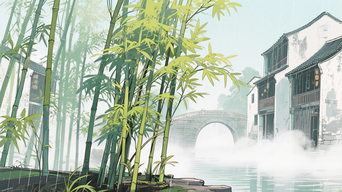 二次元古风，江南烟雨，河边，古城迷雾，竹子，构图夸张，浅绿色，细节丰富，不要人物，生成2张，16:9预览效果