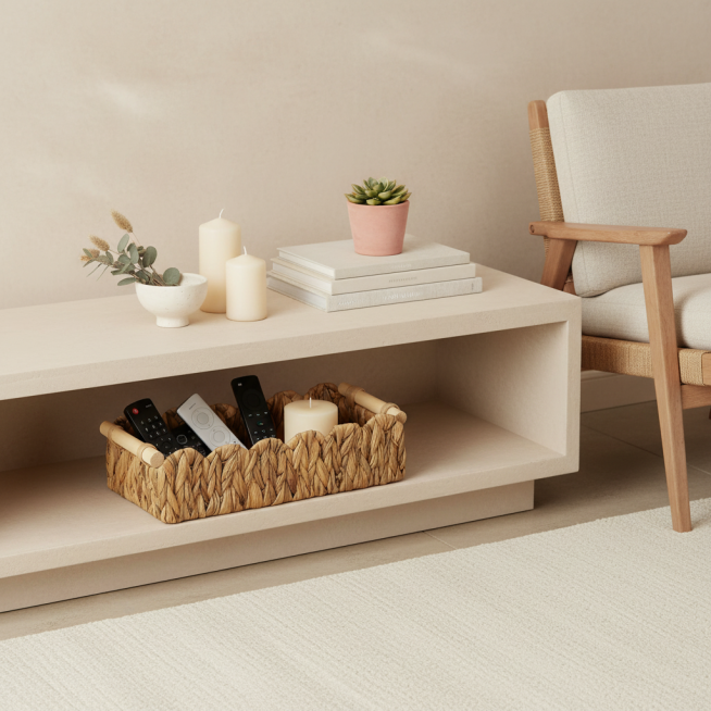 A modern living room scene with a rectangular water hyacinth storage basket with wooden handles plac预览效果